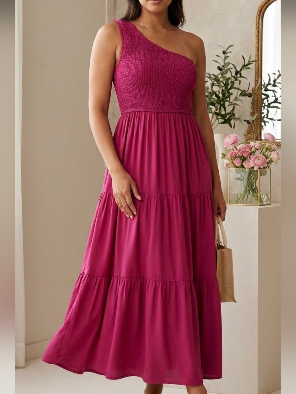 ZCSIA One Shoulder Smocked Tiered Maxi Dress - Magenta Pink, Size M (NWT)